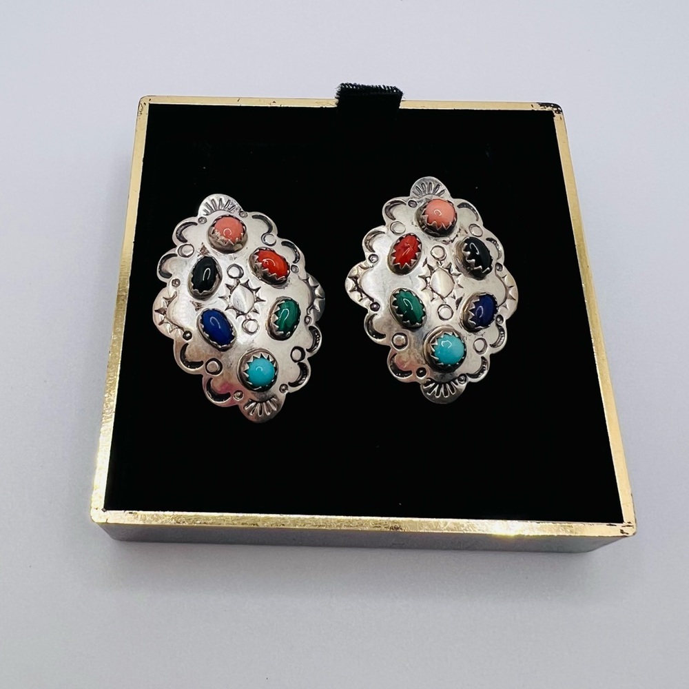 Vintage Sterling Silver Navajo D SKEETS Mutli Gemstone Clip On Earrings